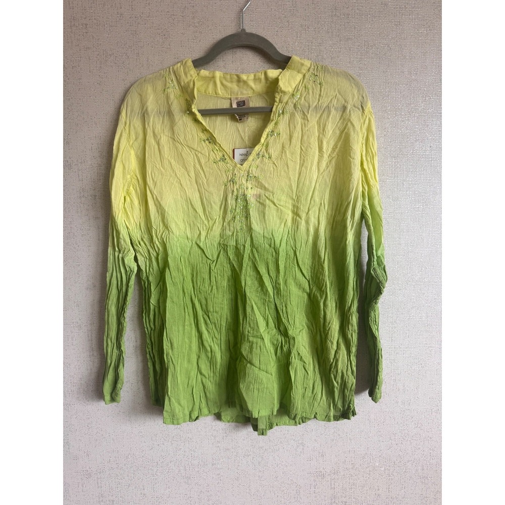 Faded Glory 16W Green Dip Dye Crinkle Top Sequin Accent Boho Peasant Blouse